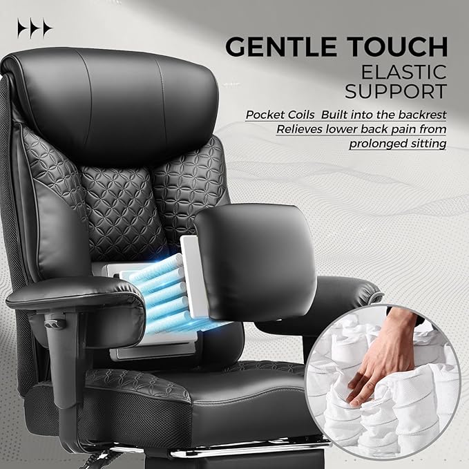 GTRACING Big and Tall Office Chair 400lbs High Back Computer Gaming Chair with Ergonomic Lumbar Support &Pocket Spring Cushion for Lower Back Pain Relief, Leather Executive Chair with Foot Rest, Black