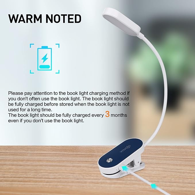 VAVOFO Rechargeable Book Light, 14 LEDs Eye Care Clip On Amber Reading Light for Bookworms Reading in Bed with 9 Colors 9 Brightness (White-Blue)