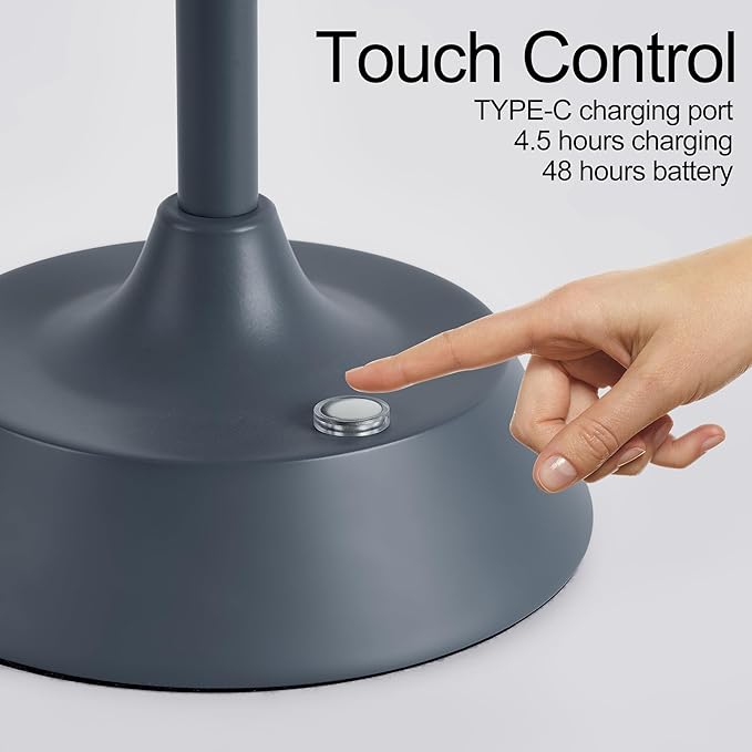 LED Cordless Grey Table Lamp Portable Dimmable Desk Lamp 6000mA Battery Powered Touch Control Table Lamp Dining Room,Bedroom,Bar,Camping,Balcony.