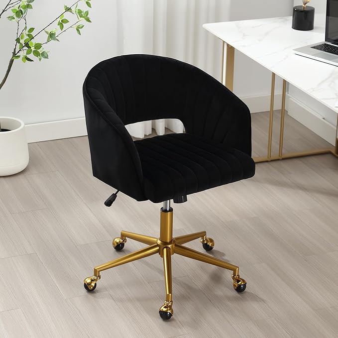ABET Desk Chair with Wheels, Velvet Home Office Chair, Swivel Armchair Gold Base, Upholstered Modern Accent Chairs, Back Incline Adjustable for Living Room Bedroom Vanity, Black
