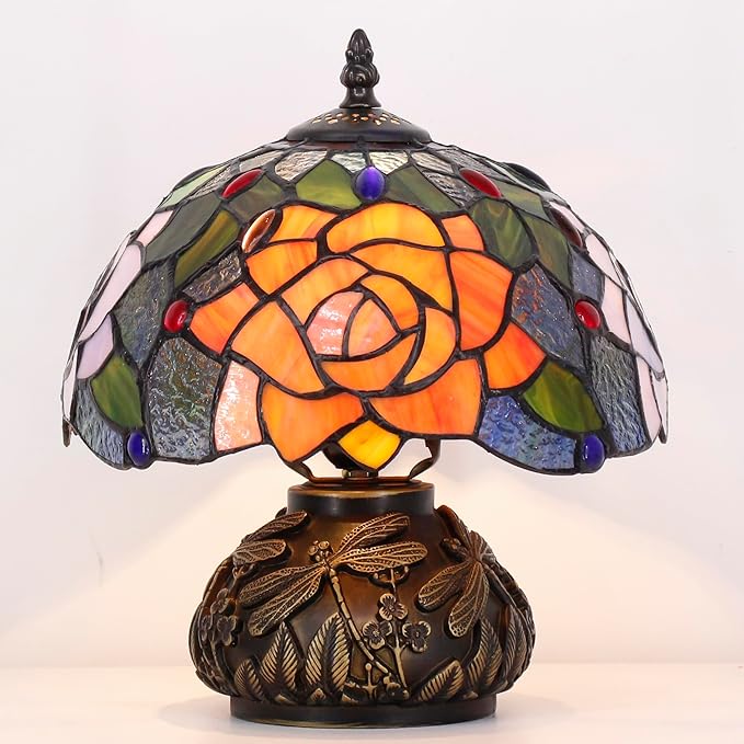 Small Tiffany Table Lamp Yellow Purple Rose Style Stained Glass Desk Lamp 10X11.5 Inch Mushroom Table Light for Office Home Living Room Bedroom