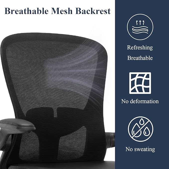 Office Chair, Ergonomic Mesh PU Leather Desk Computer Chair, with Lumbar Support, Adjustable Height, Executive Swivel Rolling with Flip-up Arm, Black