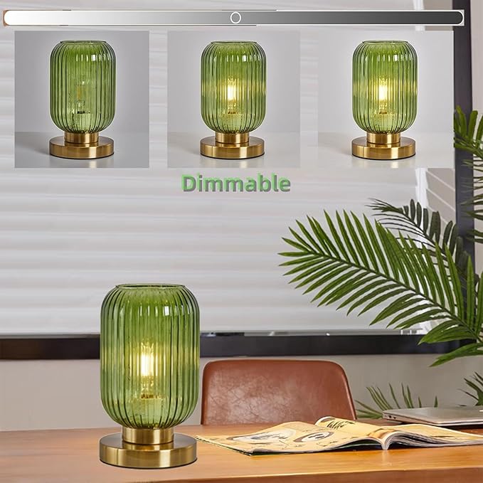 NKU Mid Century Table lamp Green Glass Bedside Table Lighting Dimmable Ribbed Modern Globe Table Lamp Small Vintage Nightlight Lamp Nightstand Lamp with Plug-in Style for Bedroom Living Room Office