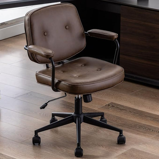 LukeAlon Adjustable Pu Leather Home Office Chair, Comfy 360° Swivel Task Chair with Armrest Modern Thickened Seat Desk Chair Tiltable Computer Chair with Buttons & Wheels, Brown