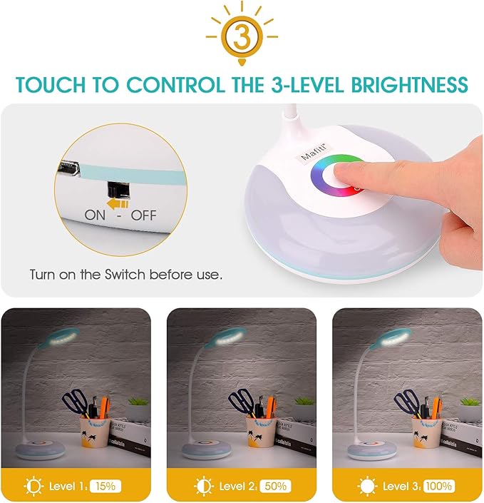 2 Pack LED Desk Lamp Cordless Rechargeable Battery Operated Table Light Adjustable Gooseneck Dimmable Touch Control Color Changing RGB Eye-Caring Base Night Light for Kids with USB Charging Cable