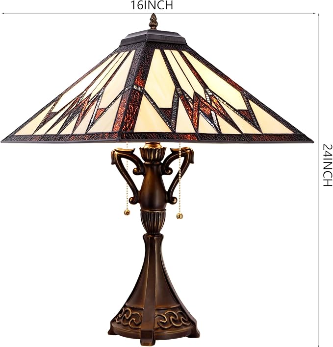 Tiffany Table Lamp Stained Glass Cream Amber Square Geometric Mission Style Desk Reading Light 16X16X24 Inch for Bedroom Living Room Home Office