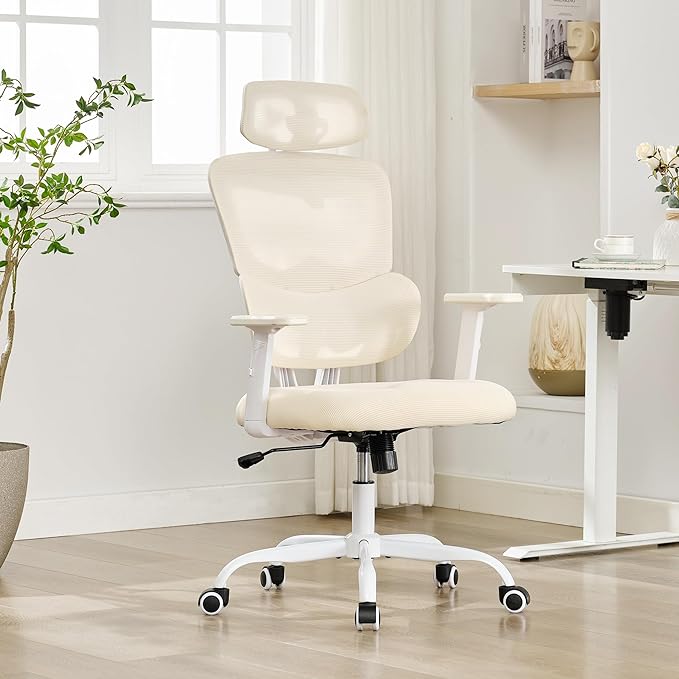 Ergonomic Office Chair,Home Mesh Office Desk Chairs,High Back Office Chair 330 LBS,Swivel Computer Chair with 2D Armrest,Adjustable Headrest,Lumbar Support,Rocking Function (Beige)