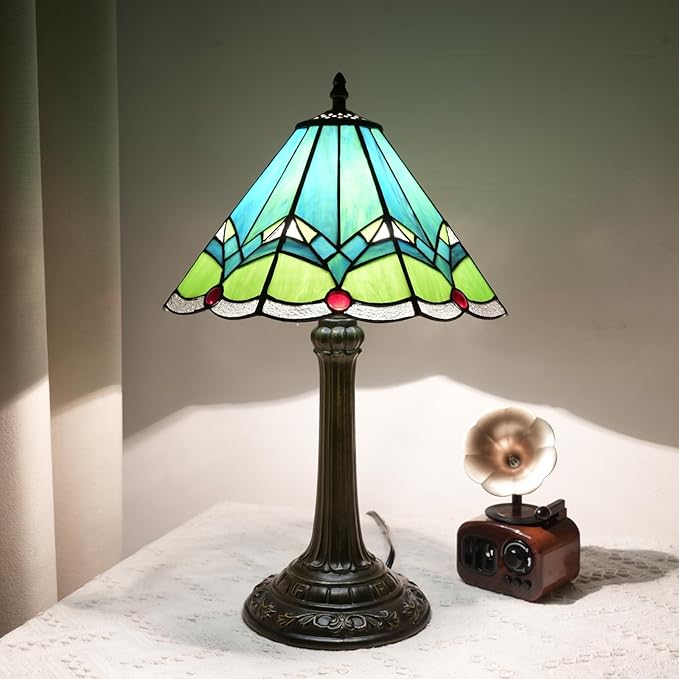 Green Tiffany Lamp Retro Rural Style Farmhouse Teal Bedroom Bedside Reading Light Living Room Hotel Bar Home Decor 12x19 Inch E26 Nightstand Unique Colored Bronze Metal Base Stainred Glass Table Lamp