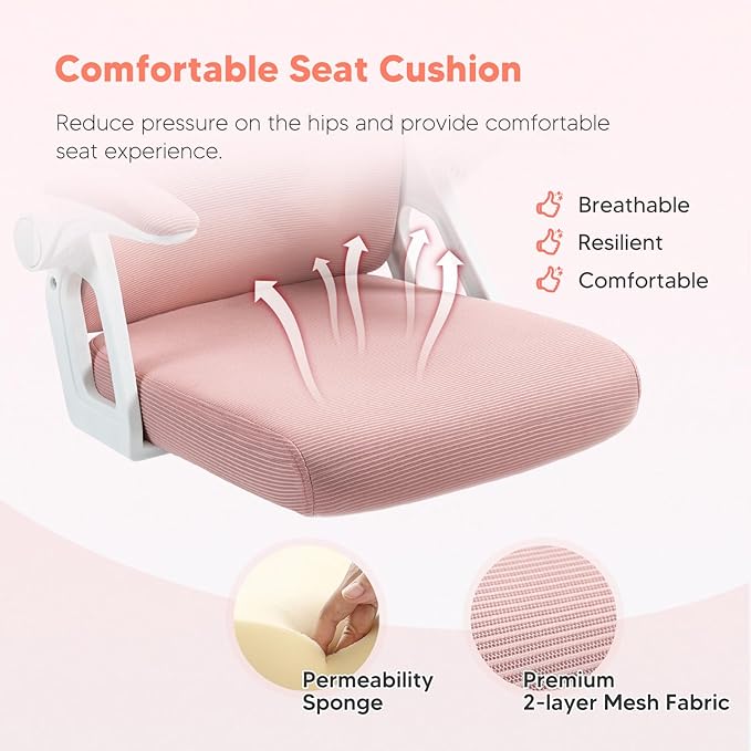 SEATZONE Ergonomic Office Chair Mesh Back Support Desk Chairs with Wheels and Flip-up Arms, Comfortable Computer Chair Lumbar Support for Teens and Adults,Light Pink