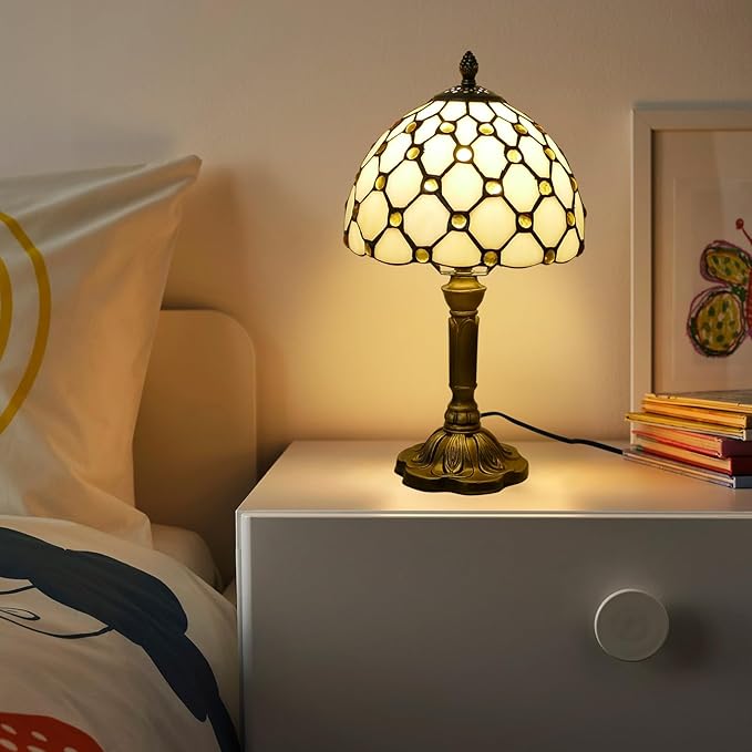 Tiffany Style Table Lamp Beige Beads Vintage Bedside Table Light Desk Lamps Accent Small Lamp 14" Tall 8" Wide Reading Lamp with Color Changing LED Bulb