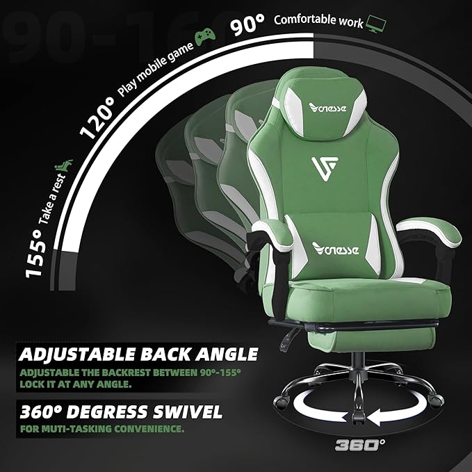 Vonesse Gaming Chair, Computer Chair Fabric with Pocket Spring Cushion, Office Chair with Footrest and Massage Lumbar Support, Reclining Gaming Chairs for Adults 250LBS (Green)