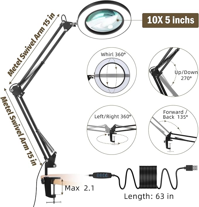 LANCOSC Magnifying Glass with Light and Stand, 5 Inches 10X Real Glass Lens, 3 Color Modes Stepless Dimmable LED Desk Lamp, Adjustable Arm Lighted Magnifier Light for Reading Repair Crafts Close Work