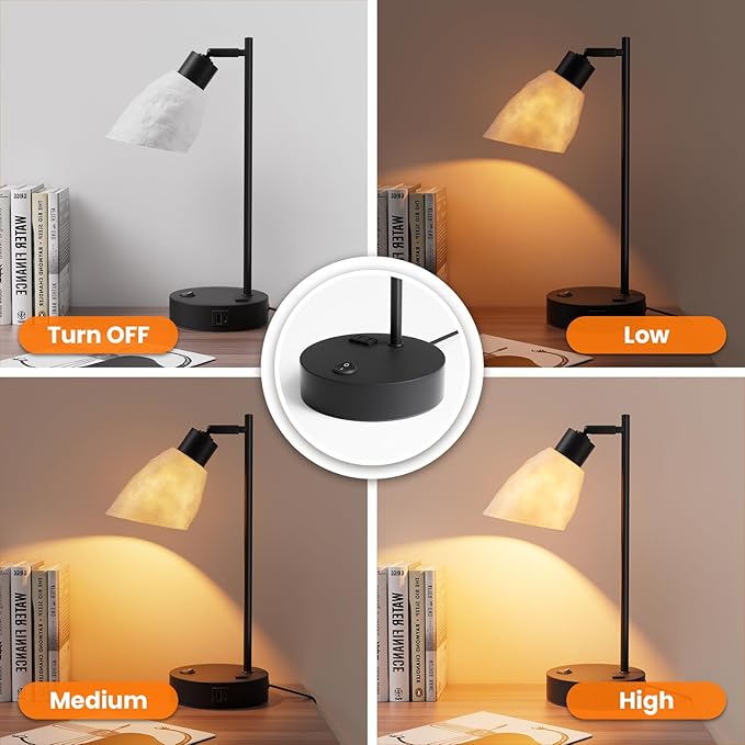 Neoglint Industrial Bedside Table Lamp, Dimmable Lamps for Bedrooms with USB A+C Ports AC Port, Vintage Moon Lampshade Desk Lamp 8W LED Bulb Bedside Nightstand Lamps for Living Room Office