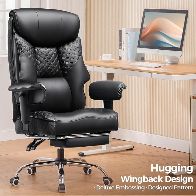 GTRACING Big and Tall Office Chair 400lbs High Back Computer Gaming Chair with Ergonomic Lumbar Support &Pocket Spring Cushion for Lower Back Pain Relief, Leather Executive Chair with Foot Rest, Black