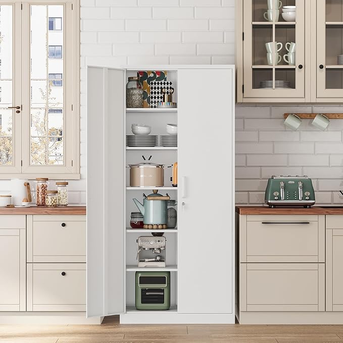 Metal Storage Cabinet-72” Tall Steel File Cabinets with Lockable Doors and 5 Adjustable Shelves-White Steel Storage Cabinet for Home, School, Office, Garage