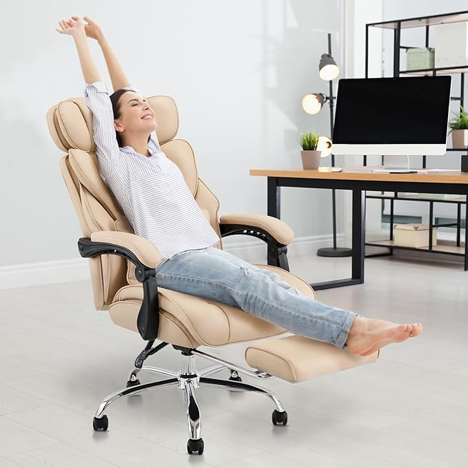COLAMY Office Chair with Retractable Footrest, Ergonomic High Back Design Executive Computer Desk Chair with Removable Lumbar Pillow, 90-135°Reclining, Thick Bonded Leather, 2 PCs, Khaki
