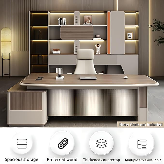 Modern Executive Desk - Solid Wood Office Desk with Hidden Electrical Hole & 2 Drawers, L Shaped Office Table with Desktop Power Supply (70.8IN)
