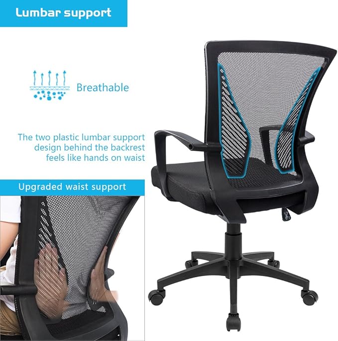 Furmax Office Chair Ergonomic Computer Desk Mesh Chair Mid Back Swivel Lumbar Support with Armrest (1, Black)