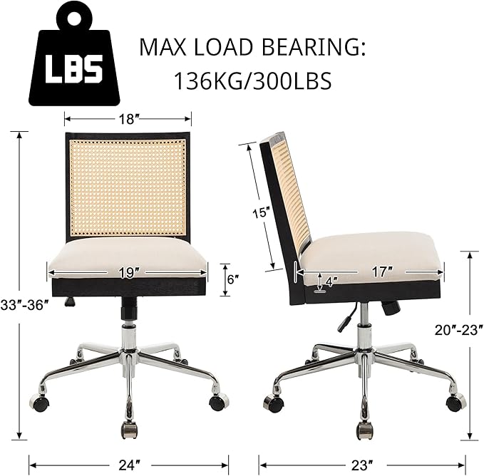 Rattan Desk Chair Linen Fabric Upholstered Computer Office Chair, 360° Swivel Work Chair with Wheels Comfortable Armless Chair for Home Office Study Studio, Beige
