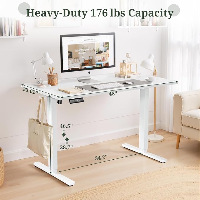 48 x 24 in Electric Standing Desk - Memory Height Adjustable Ergonomic Sit-to-Stand Rising Computer Table Gaming Workstations with 2 Hooks and Wire Hole for Home Office, White