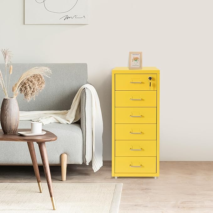TFCFL Mobile File Cabinet 6 Drawer Vertical File Cabinet with Wheels Metal File Cabinet with Lock for Home Office, 11" D x 16" W x 27" H (Yellow)