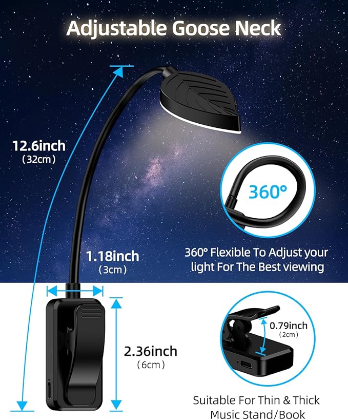 Rechargeable Book Lights for Reading at Night - Eye,3 Color Temperatures,3 Brightness Levels,Flexible Goose Neck Clip on Light,Reading Lights for Books in Bed with Power Indicator Bookworms (Black)