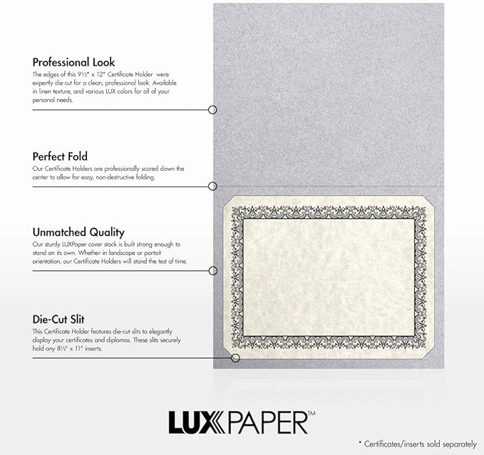 LUXPaper 9.5" x 12" Certificate Holders | Silver Metallic | 105lb. Cover | 100 Qty