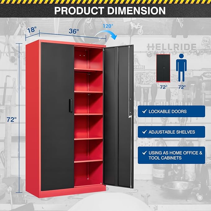 Metal Storage Cabinet-72” Tall Steel File Cabinets with Lockable Doors and Adjustable Shelves-Black&Red Steel Storage Cabinet for Home, School, Office, Garage