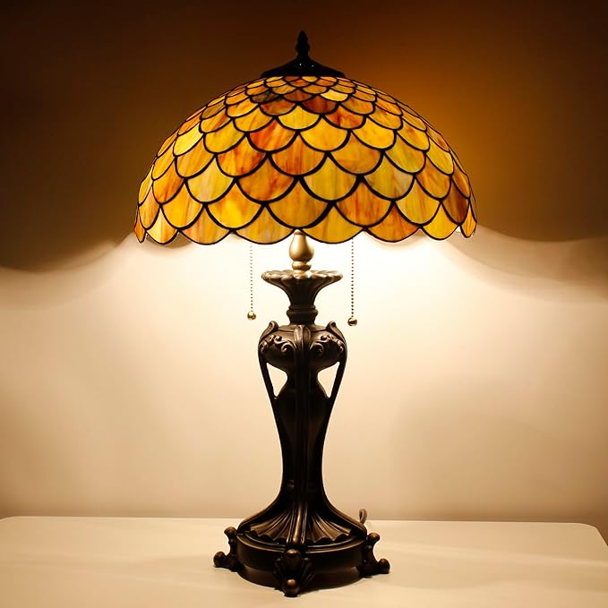 Tiffany Stained Glass Table lamp 16X16X24 Inch Brown Fish Scales Style Desk Bedroom Living Room Antique Reading Light (Brown Fish Scales)