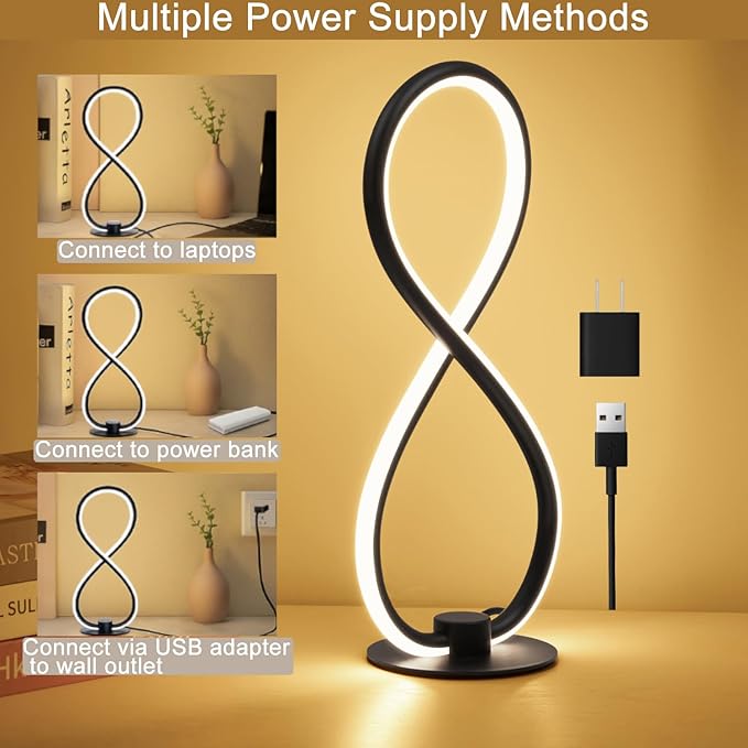Modern Desk Table Lamp,3CCT 2700K/4000K/6500K Stepless Dimmable Bedside Lamp with USB Adapter,Black Table Lamp for Bedroom,Bedside,Nightstand,Dorm,Office