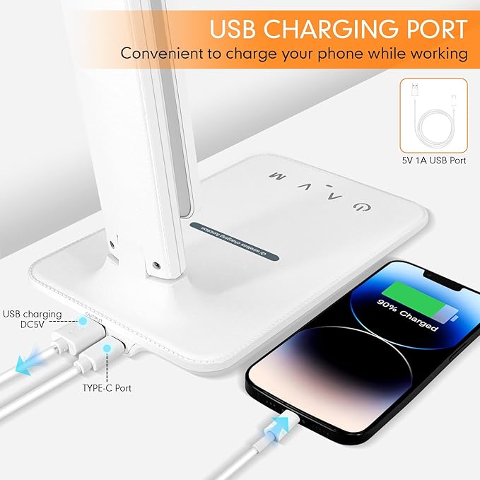 LED Desk Lamp Dimmable Table Lamp with USB Charging Port, 5 Lighting Modes, Sensitive Control, Foldable Portable Desk Light for Home Office Bedroom Reading (White-Pro, Standard Size - 13.3 inch)