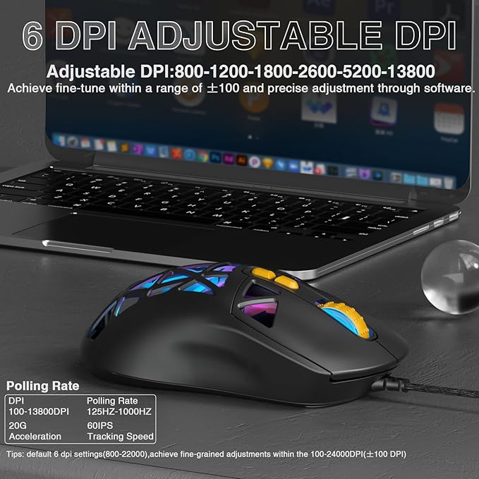 SOLAKAKA SM901 Gaming Mouse,13800DPI RGB Mouse with Programmable Buttons,53g Lightweight Wired Mouses for Gamer,Black