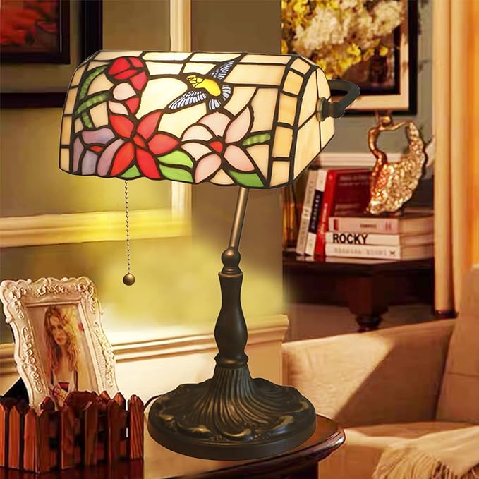 Tiffany Style Stained Glass Bankers Desk Lamp, Rose Flower Pattern, Multicolor, Alloy Base, 10.62" W x 15.35" H
