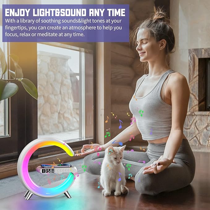 Smart Table Lamp with 4-in-1 Wireless Charger, Night Light, Bluetooth Speaker, Alarm Clock, App Control, Office, Bedroom, Home Decor (Black)