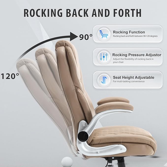 Leather Executive Office Chair, High Back Ergonomic Office Desk Chairs with Wheels, 90-120° Rocking Managerial Home Computer Chairs with Flip up Arms and Lumbar Support(Light Brown)