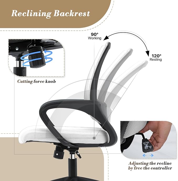 Athena Collection Computer Office Chair, Ergonomic Desk Chair with Rolling Wheels, Mesh Back Support and Height Adjustable, Small and Comfy for Home Office, Study, White