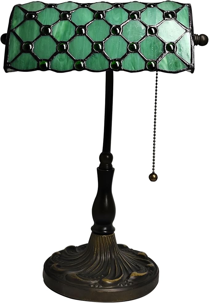 Small Tiffany Style Banker Table Lamp Small Stained Glass Piano Desk Lamp Vintage Bedside Lamp for Home Living Room Office (Green Pearls Style)