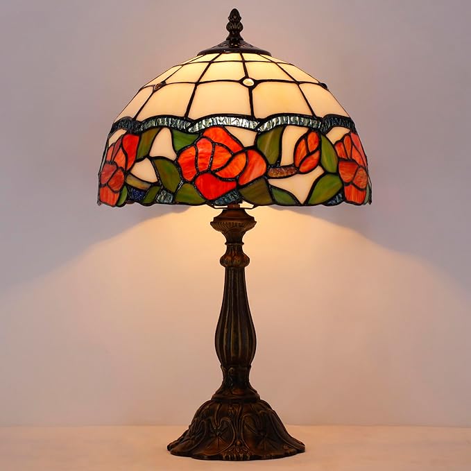 Tiffany Lamp Touch Control Table Lamp Red Rose Flower Style Stained Glass Desk Lamp 12X12X19 Inches Reading Light