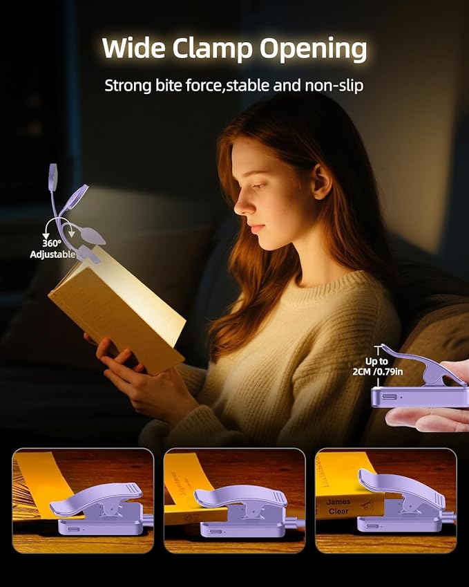 Rechargeable Book Lights for Reading at Night - Eye,3 Color Temperatures,3 Brightness Levels,Flexible Goose Neck Clip on Light,Reading Lights for Books in Bed with Power Indicator Bookworms (Purple)