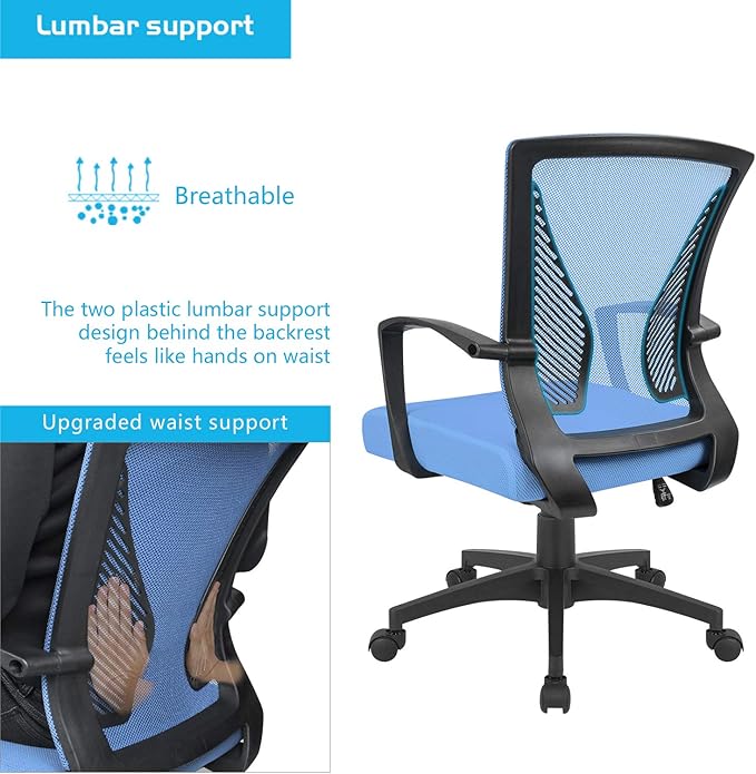 Furmax Office Chair Ergonomic Computer Desk Mesh Chair Mid Back Swivel Lumbar Support with Armrest (1, Blue)