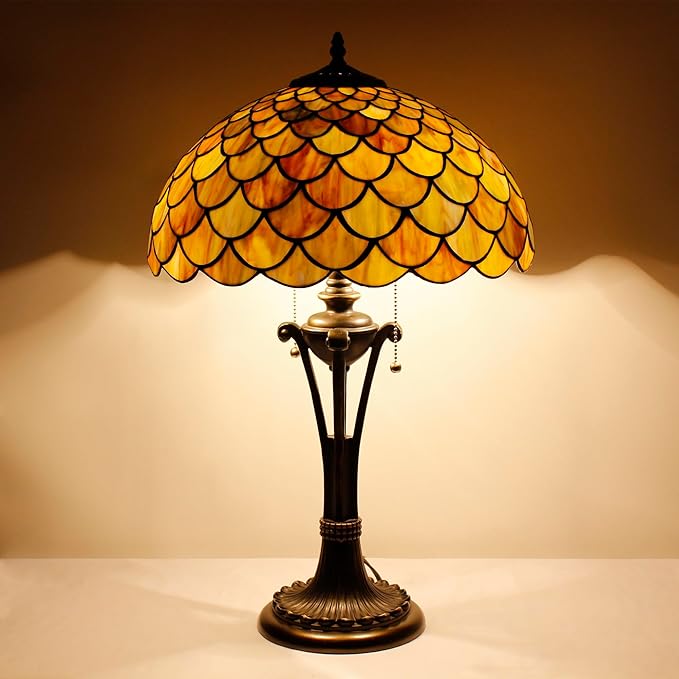 Tiffany Table Lamp Yellow Green Stained Glass Desk Lamp 16X16X24 Inches Fish Scales Style Reading Light