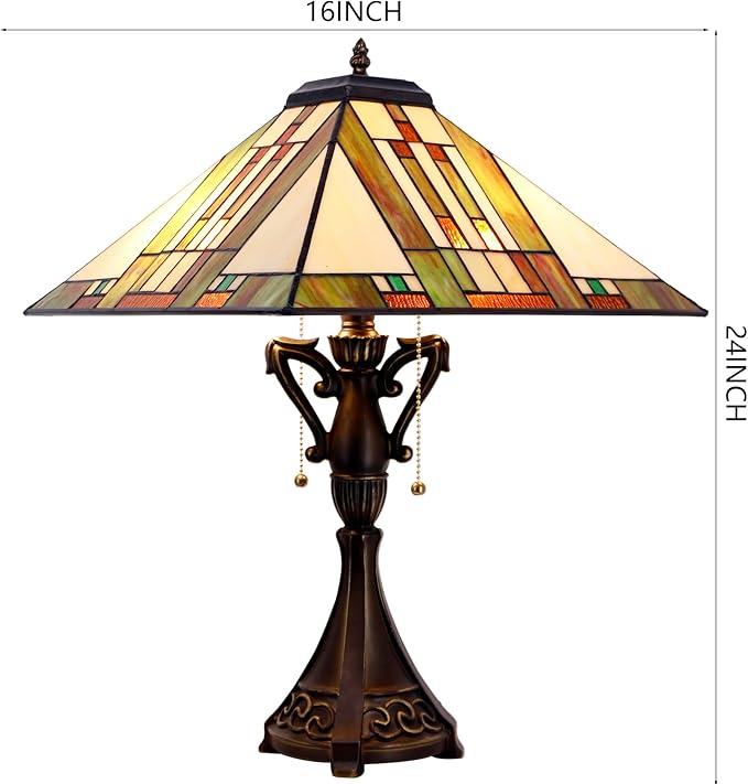 Tiffany Table Lamp Stained Glass Blue White Brown Square Mission Style Desk Reading Light 16X16X24 Inch for Bedroom Living Room Home Office