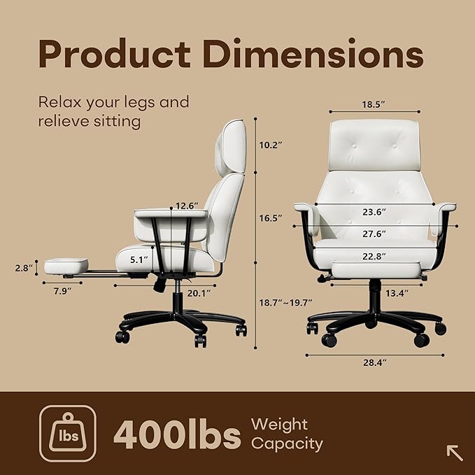Reclining Office Chair with Footrest, Big and Tall Office Desk Chair 400lbs Wide Seat, Leather High Back Ergonomic Vintage Chair, Heavy Duty Executive Computer Chair, White