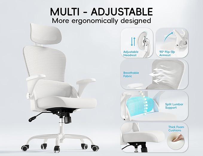 TRALT Office Chair - Ergonomic Office Chair with Back Support, Computer Chair - Home Office Desk Chairs, 330lbs Wide Seat Big and Tall Office Chairs with Headrest, Comfy Desk Chairs (White)