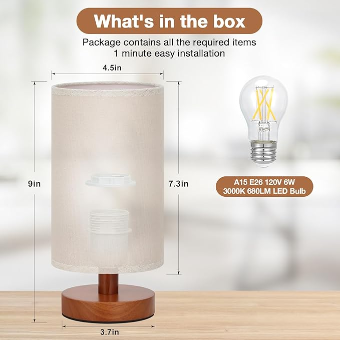 Small Table Lamp for Bedroom - Inline Control, Bedside Lamp with 3000K A15 LED Blub, Easy Assembly (Beige Shade - Walnut Base, 9" Inline Control)
