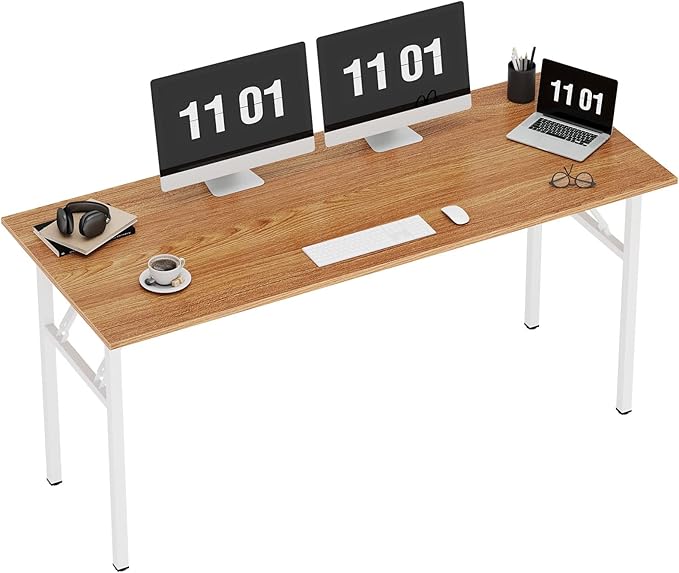 sogesfurniture Computer Desk 62 inches Office Desk Computer Table Study Writing Desk Workstation for Home Office Metal Frame Folding Table, Teak White