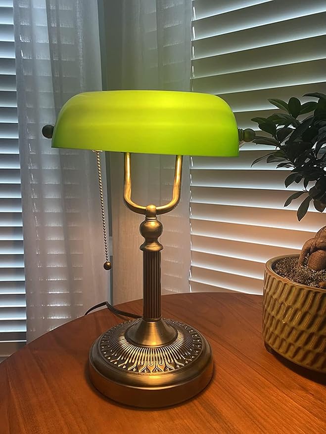 Newrays Green Glass Bankers Desk Lamp with Pull Chain Switch Plug in Fixture