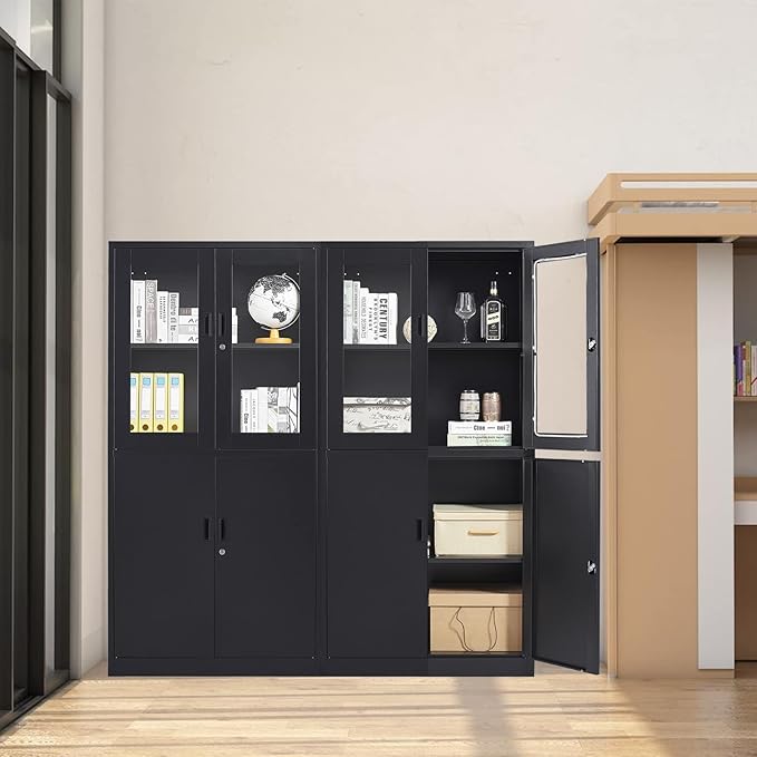 STANI Black Metal Cabinet, Locking Steel Storage with Shelves, Tall Metal Utility Cabinet 2 Doors, Lockable Steel Cabinets for Home Office (4 Doors, Black)