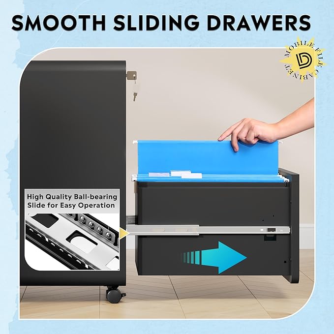 DEVAISE 2-Drawer Rounded Corner Metal File Cabinet with Lock, Mobile Filing Cabinet Under Desk for Home Office, Fully Assembled Printer Stand fits Letter/Legal Size, Black, 20" D x 15.8" W x 25" H