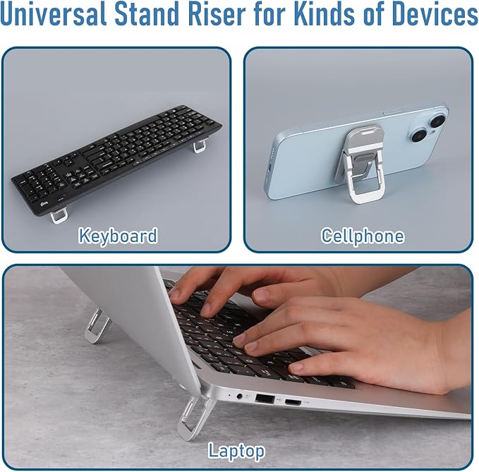 Bewudy 2 Pcs Portable Keyboard Riser With Dual Tilt Angle Adjustment, Foldable Laptop Stand, Mini Computer Stand for Desk, Self-Adhesive Feet for Most Keyboards (Silver)